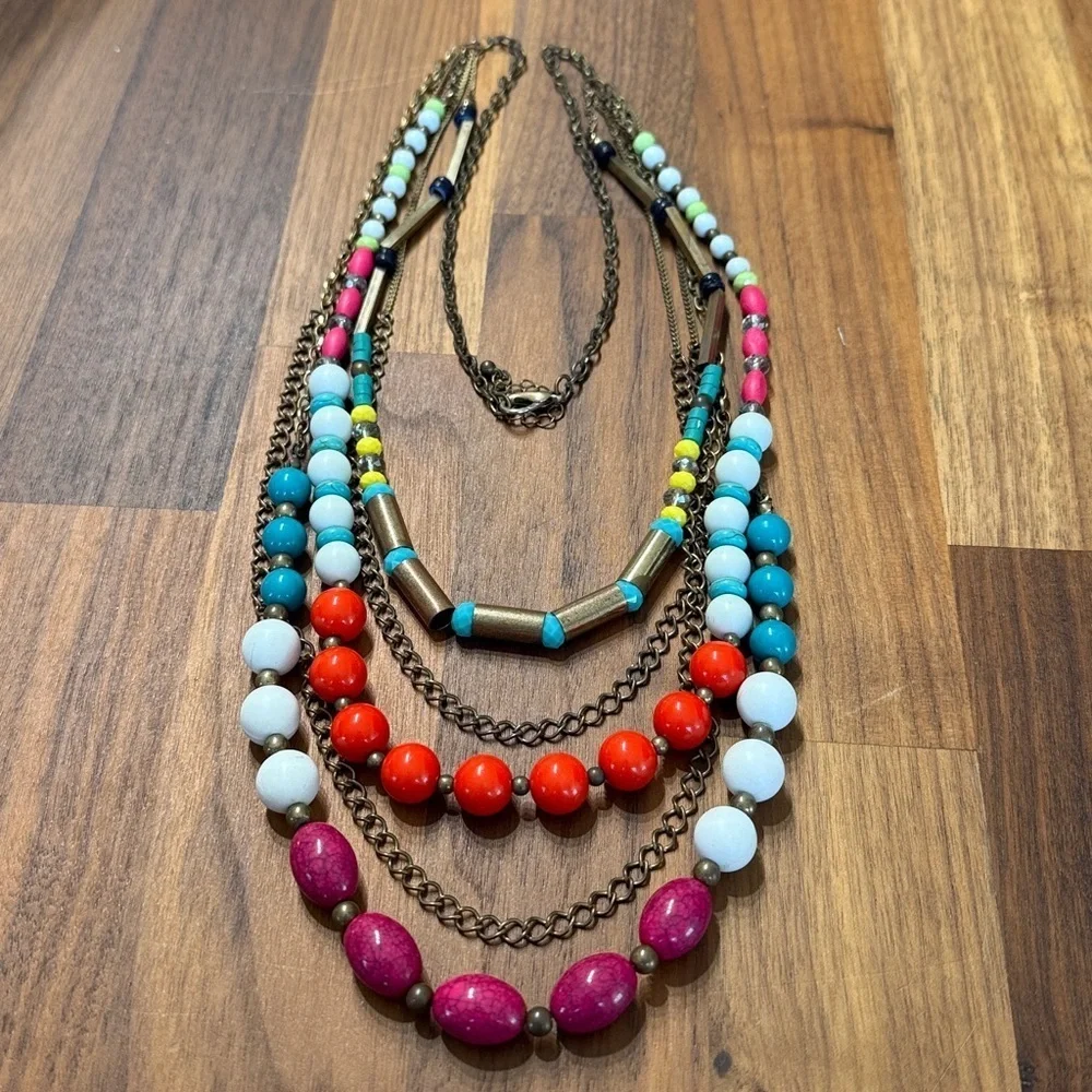 Vintage Multi Strand Colorful Beaded Mixed Media Statement Necklace Artsy Funky
